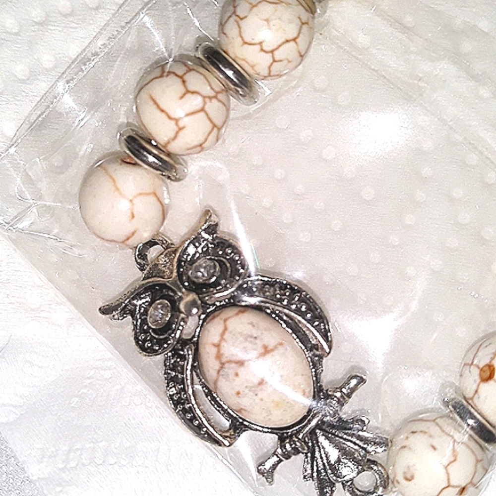 Owl Bracelet silver rhinestone eyes Casual Semi-precious IvoryCrackle bead